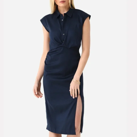 Frame Denim | Dresses | Frame Sleeveless Twist Dress Navy Blue Linen  Shirtdress Button Up Side Slit | Poshmark